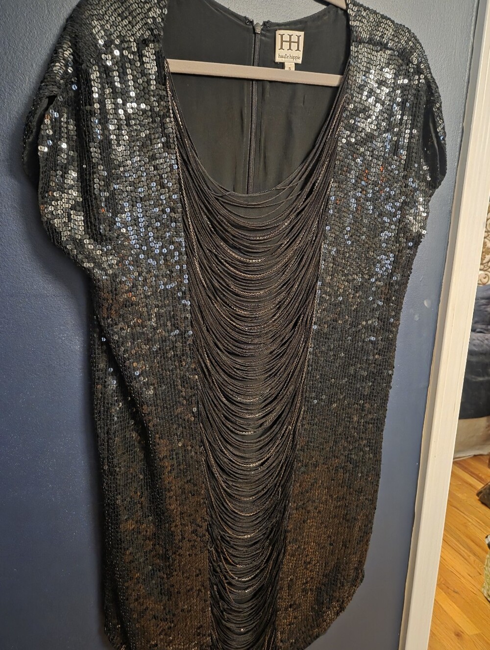 Haute Hippie Black Sequin Backless Fringe Cocktail Dress